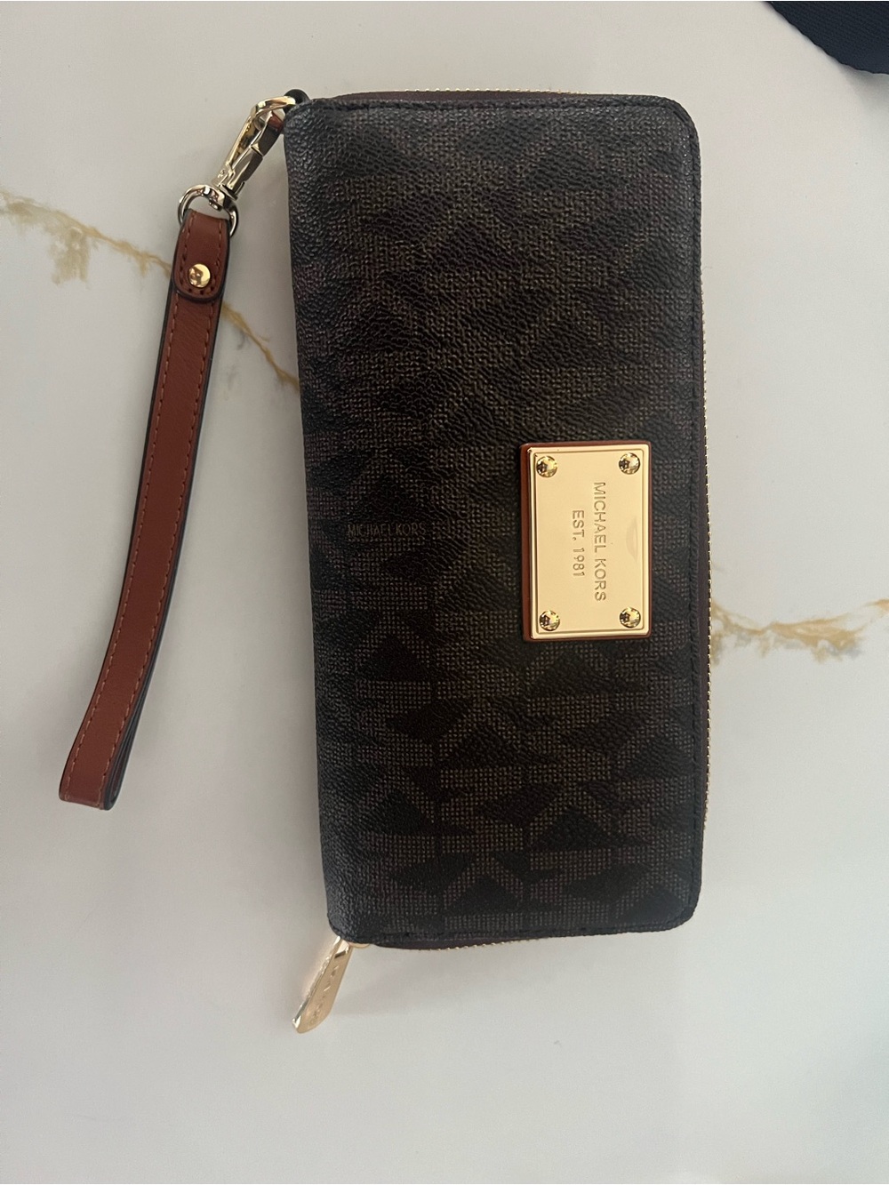 Michael Kors Dark Brown Signature Zip-Around Wristlet Wallet with Gold Plate